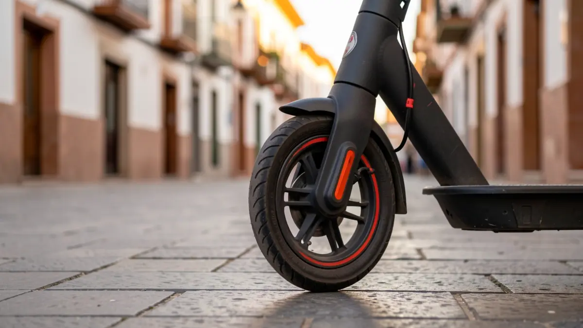 Generic image of an electric scooter parked on a street in Alcorcón at dusk.