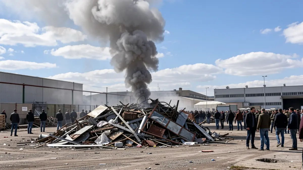 Image of a column of grey smoke rising above a pile of scrap metal and debris in an open-air industrial area in Madrid.