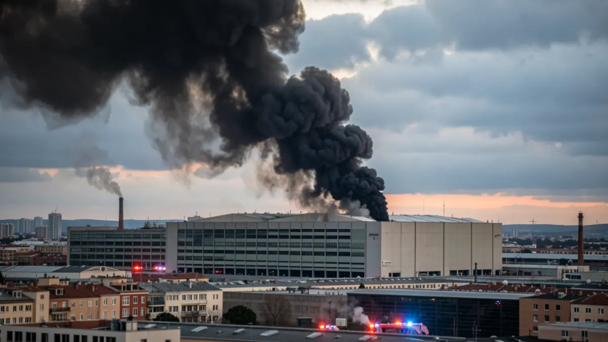 Columna de humo negro de un incendio en una nave industrial de Villaverde, Madrid.