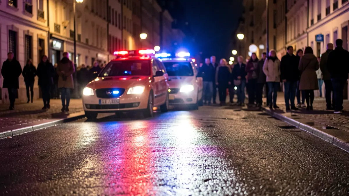 Generic image of emergency lights reflecting on wet asphalt at night.