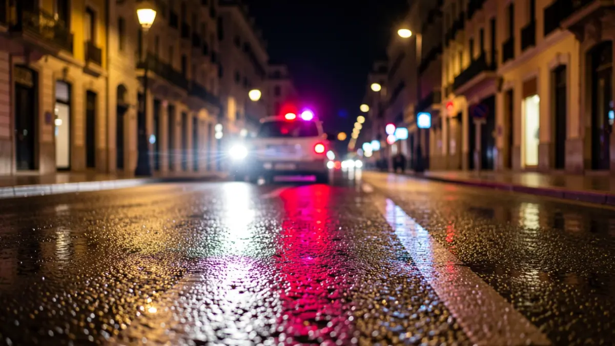 Imagen genérica de luces de emergencia reflejándose en asfalto mojado por la noche.
