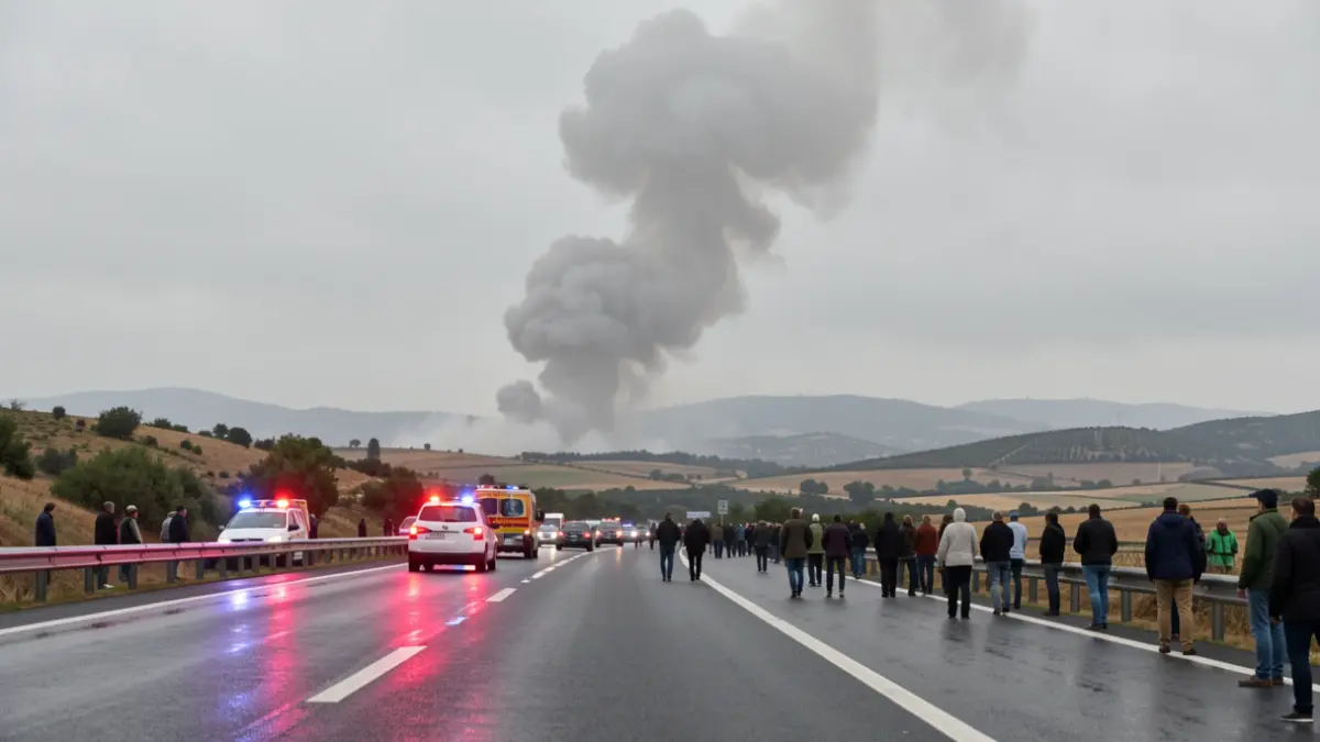 Generic image of fire smoke near a highway with emergency lights.