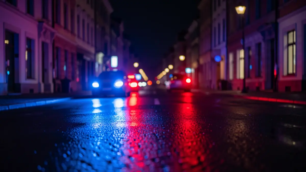 Imagen genérica de luces de emergencia policiales reflejándose en el asfalto mojado por la noche.