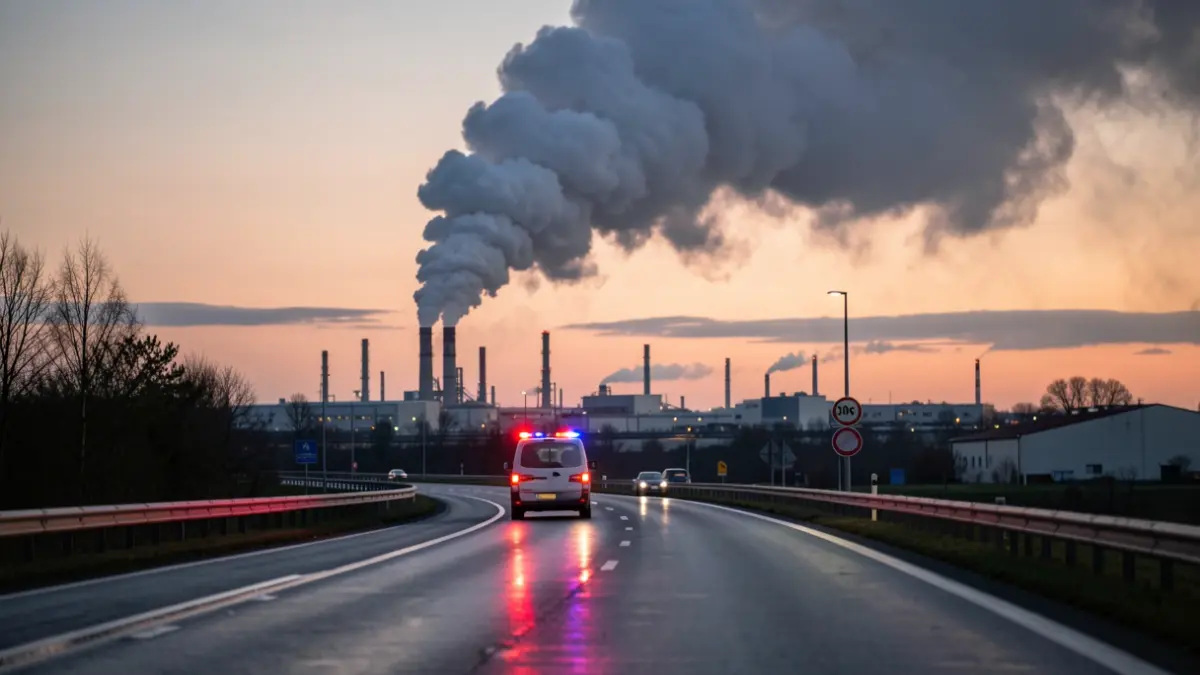 Generic image of a large smoke plume over an industrial area with emergency lights.