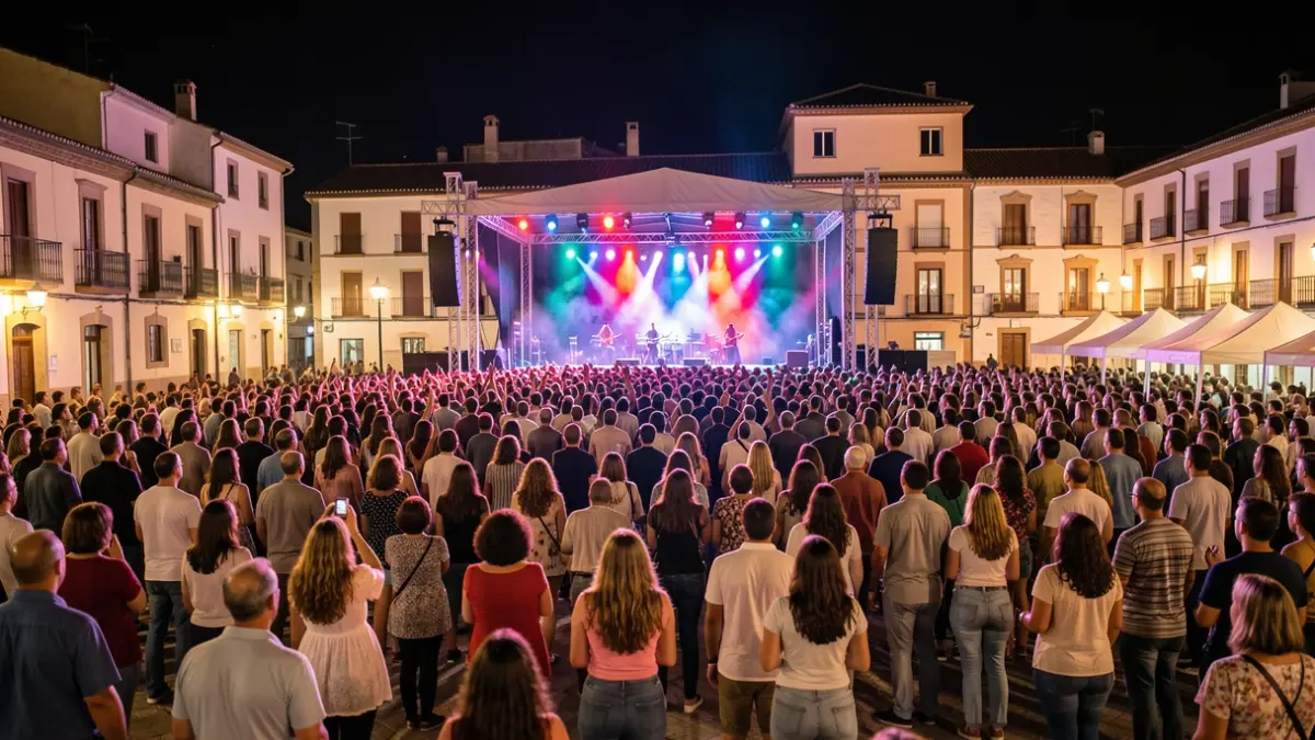 Generic image of an outdoor night concert with colorful lights and a festive crowd.