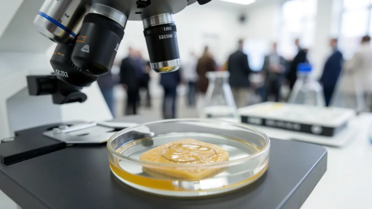 Petri dish with sample under microscope in a laboratory.
