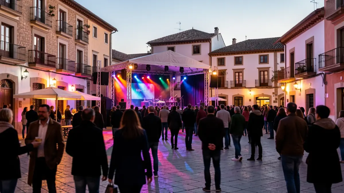 Generic image of a Spanish town square with a stage set up for a concert.