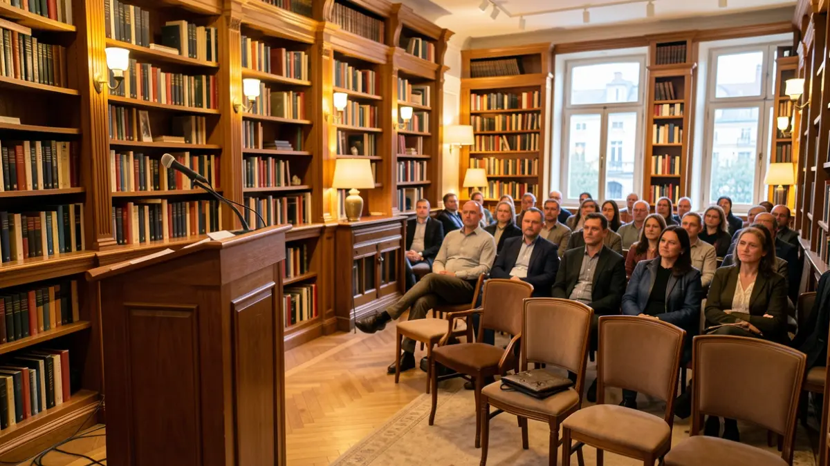 Generic image of a library with a podium and chairs.