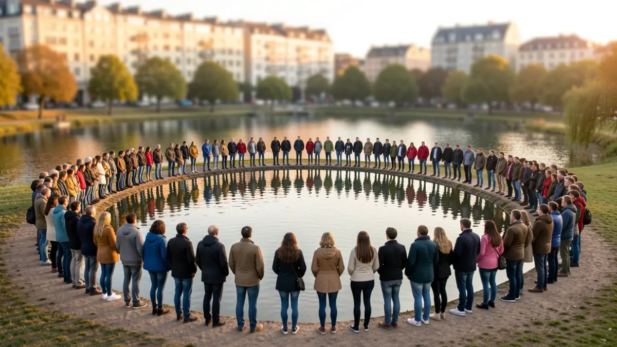 Imagen genérica de una cadena humana rodeando una laguna natural como protesta medioambiental.