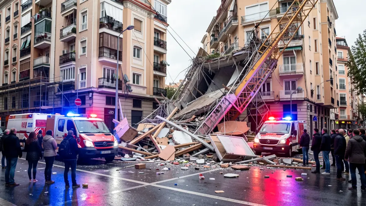 Imagen de una grúa de construcción derrumbada parcialmente sobre un edificio en Madrid.