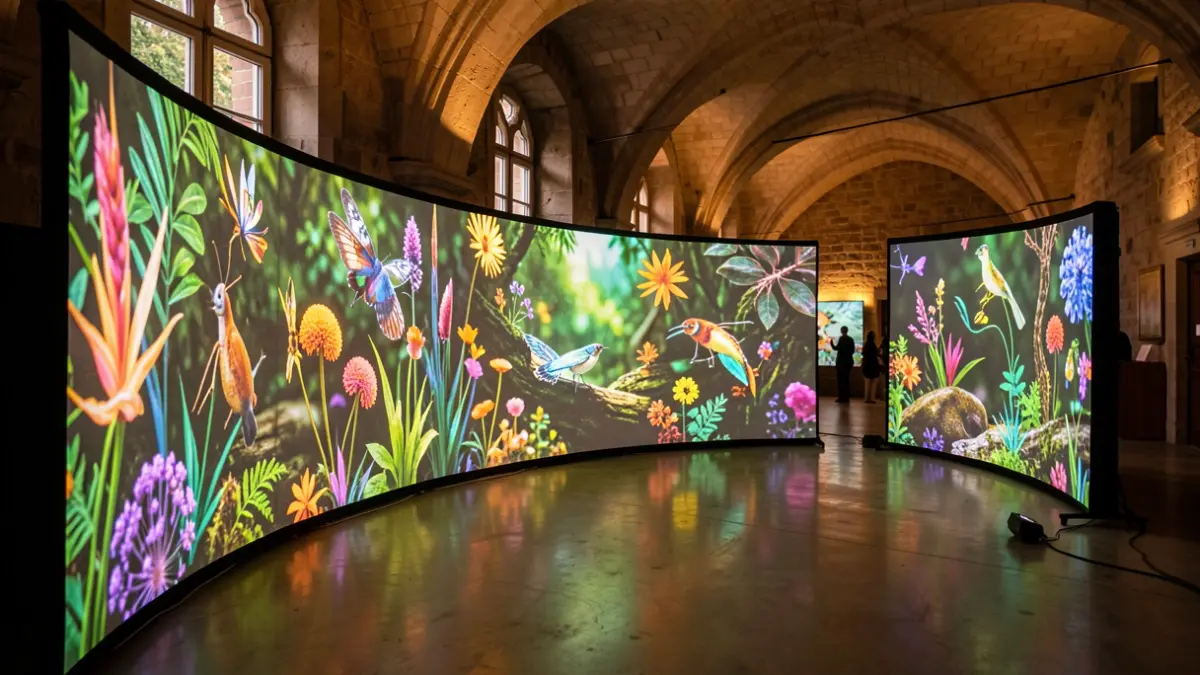 Instalación de arte digital inmersivo que muestra la biodiversidad con proyecciones de flora y fauna.
