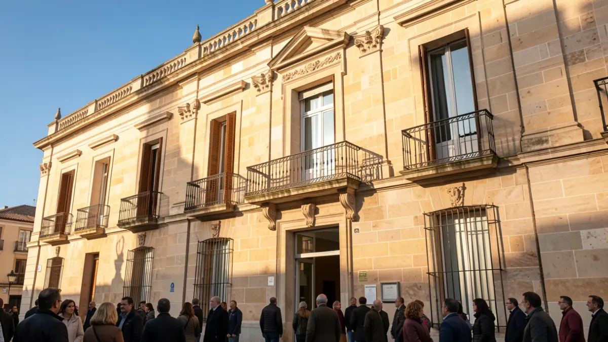 Facade of a generic town hall in the Community of Madrid with a balcony and iron railings, afternoon sunlight.