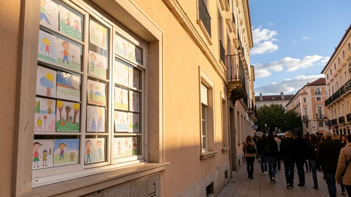 Facade of a Madrid school with children's drawings visible.
