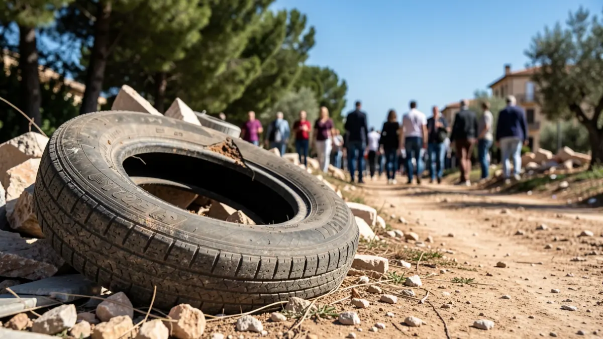 Image of debris and abandoned tires on a rural path in Alcorcón.