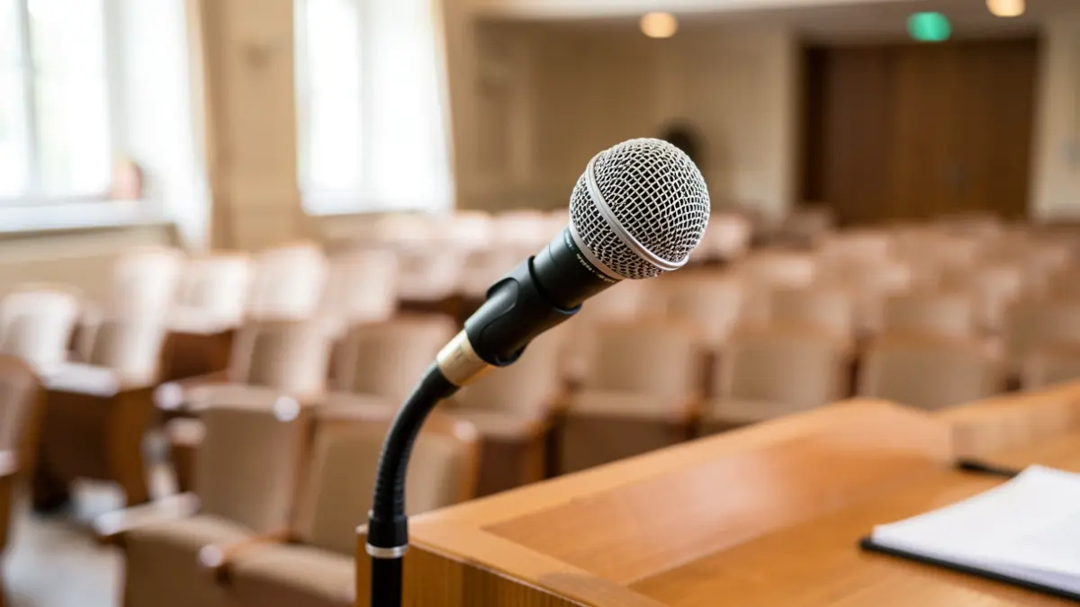 Generic image of a microphone on a podium in an empty auditorium.