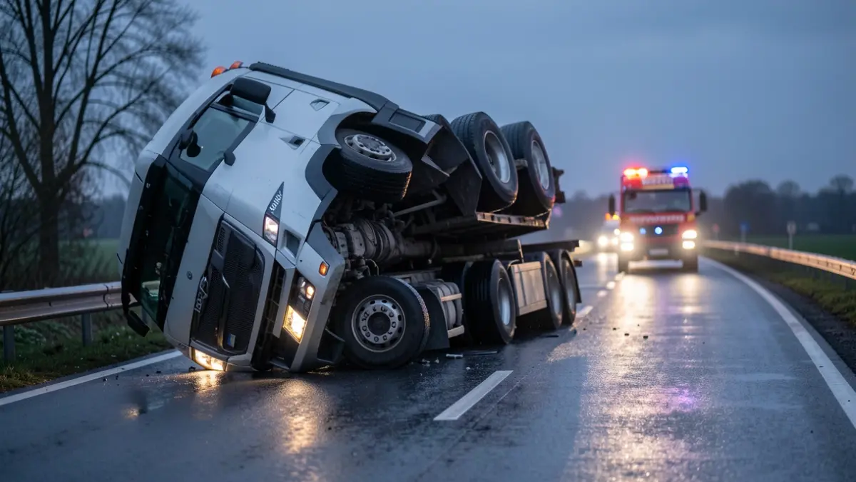 Generic image of an overturned truck on a highway at dusk with emergency lights.