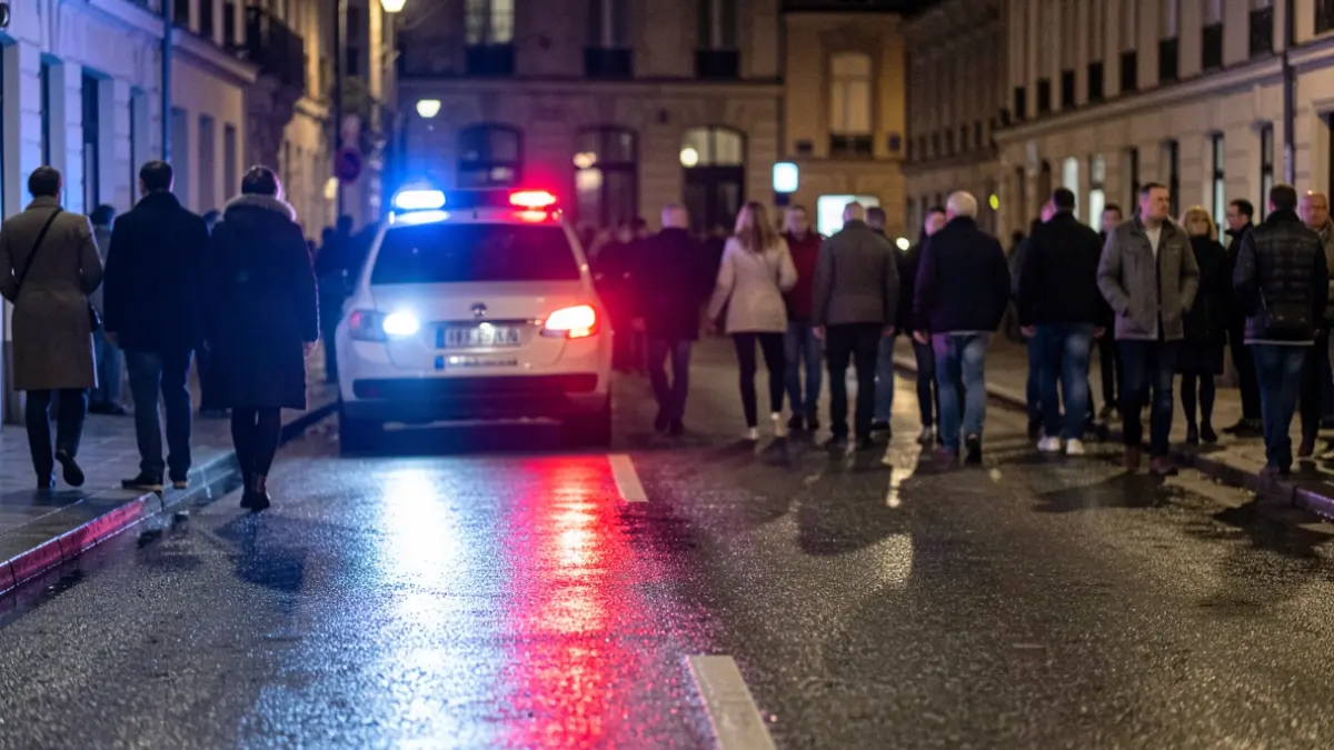 Generic image of blue and red emergency lights reflecting on wet asphalt at night.