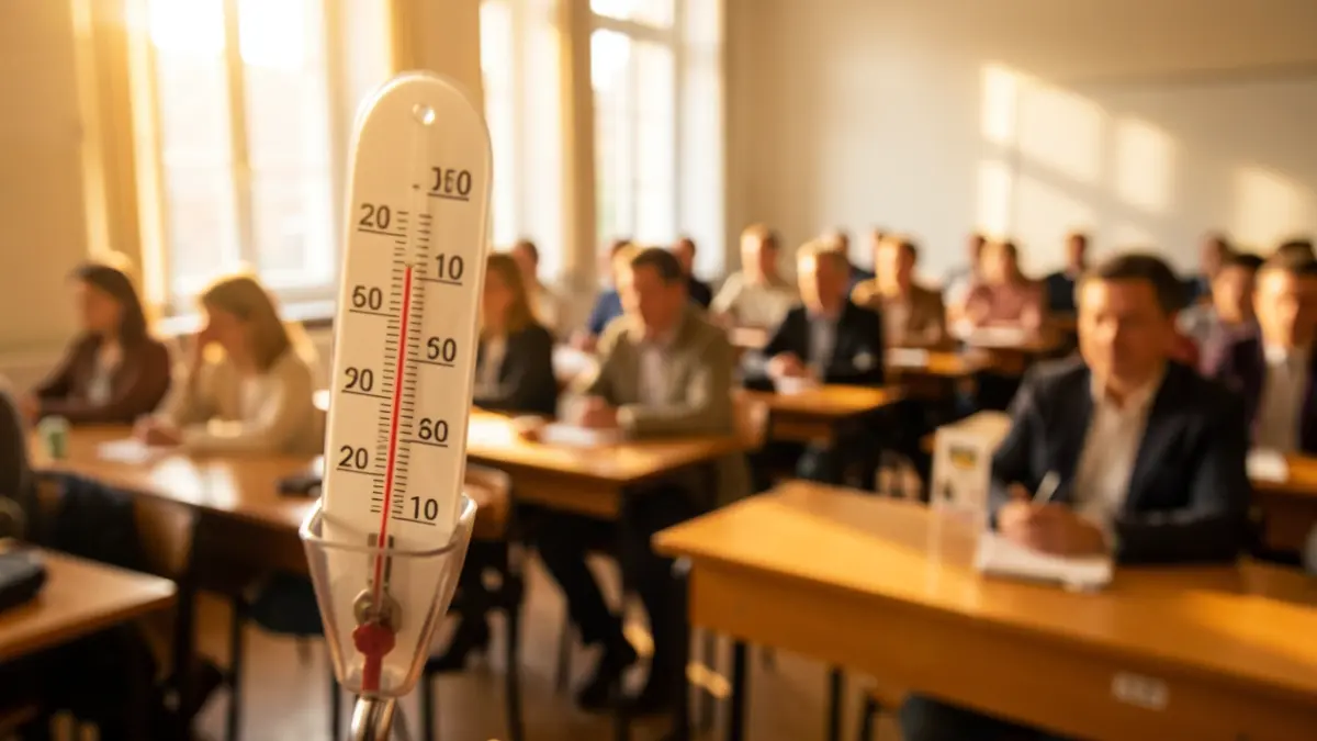 Generic image of a thermometer showing high temperature in a classroom.