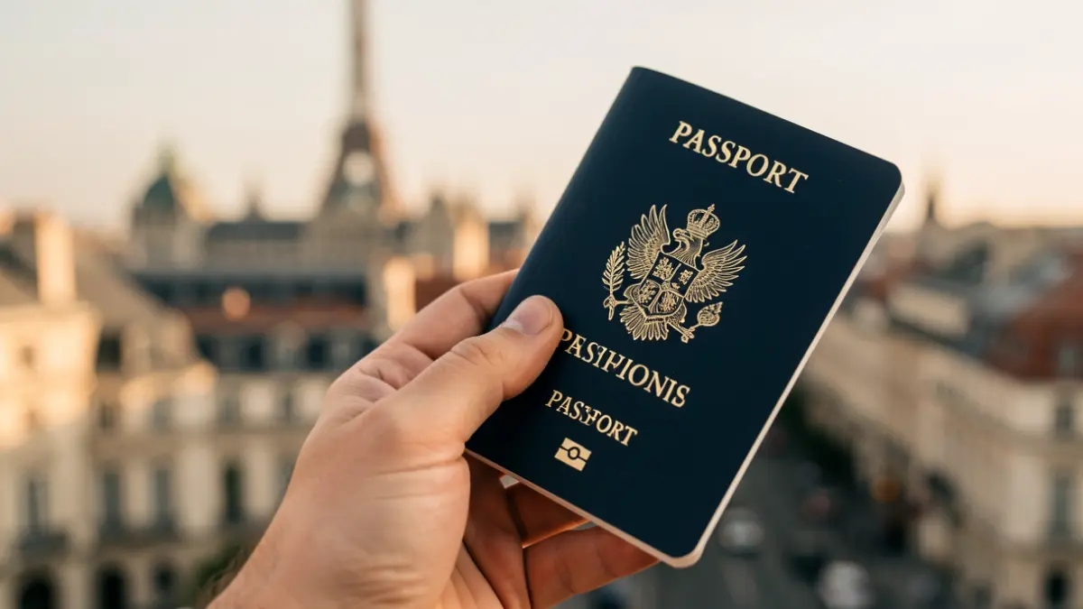 Close-up of a hand holding a passport with a blurred European city skyline background.