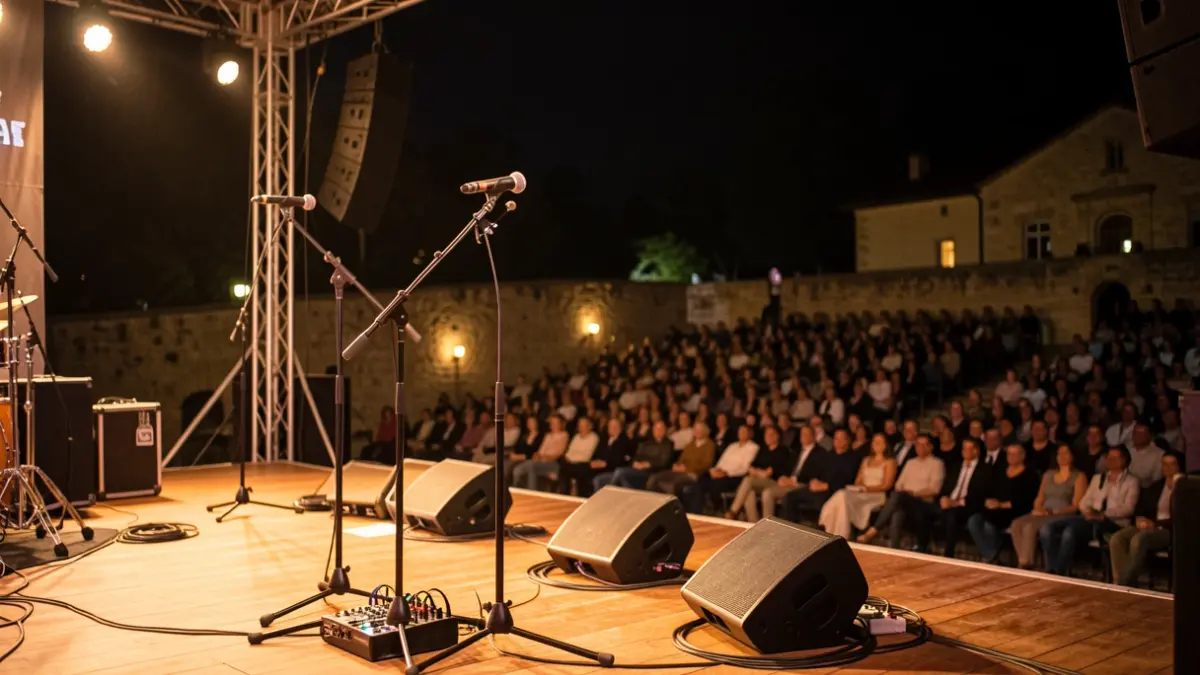 Outdoor amphitheater stage prepared for a night concert.