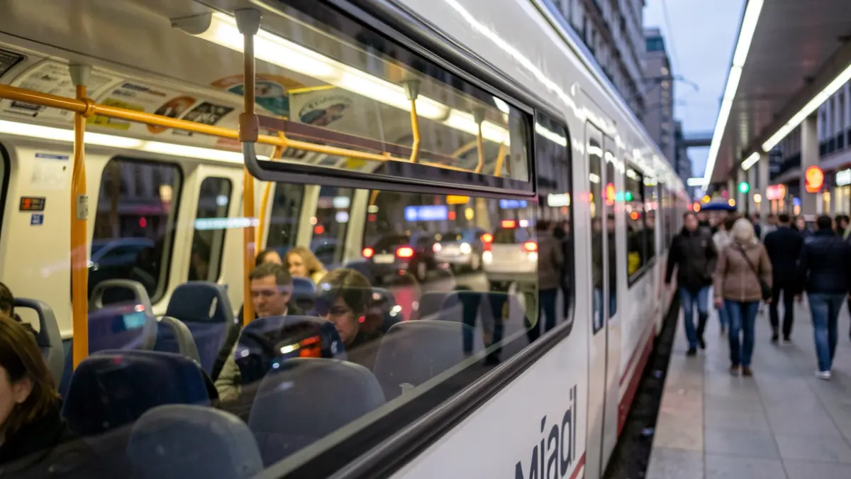 Cercanías Madrid train window with blurred city lights.