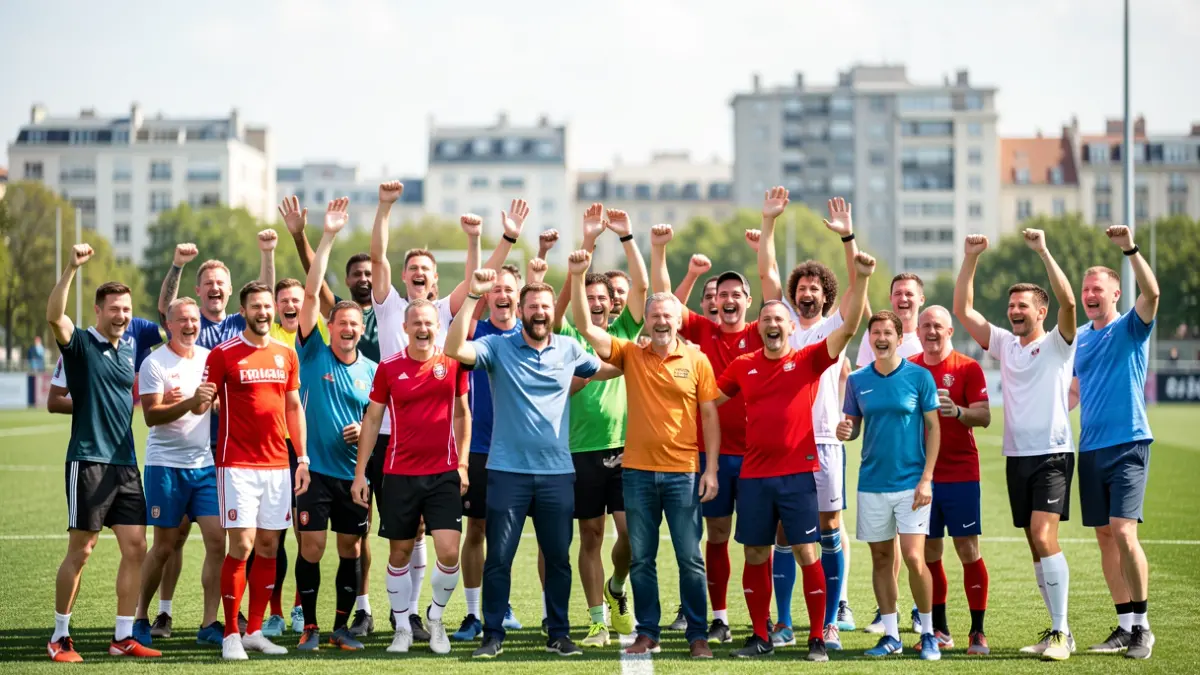 Generic image of athletes celebrating an achievement on a sports field.