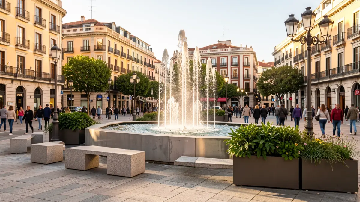 Chamberí Square remodeled with a new ornamental fountain, modern benches, and green areas.