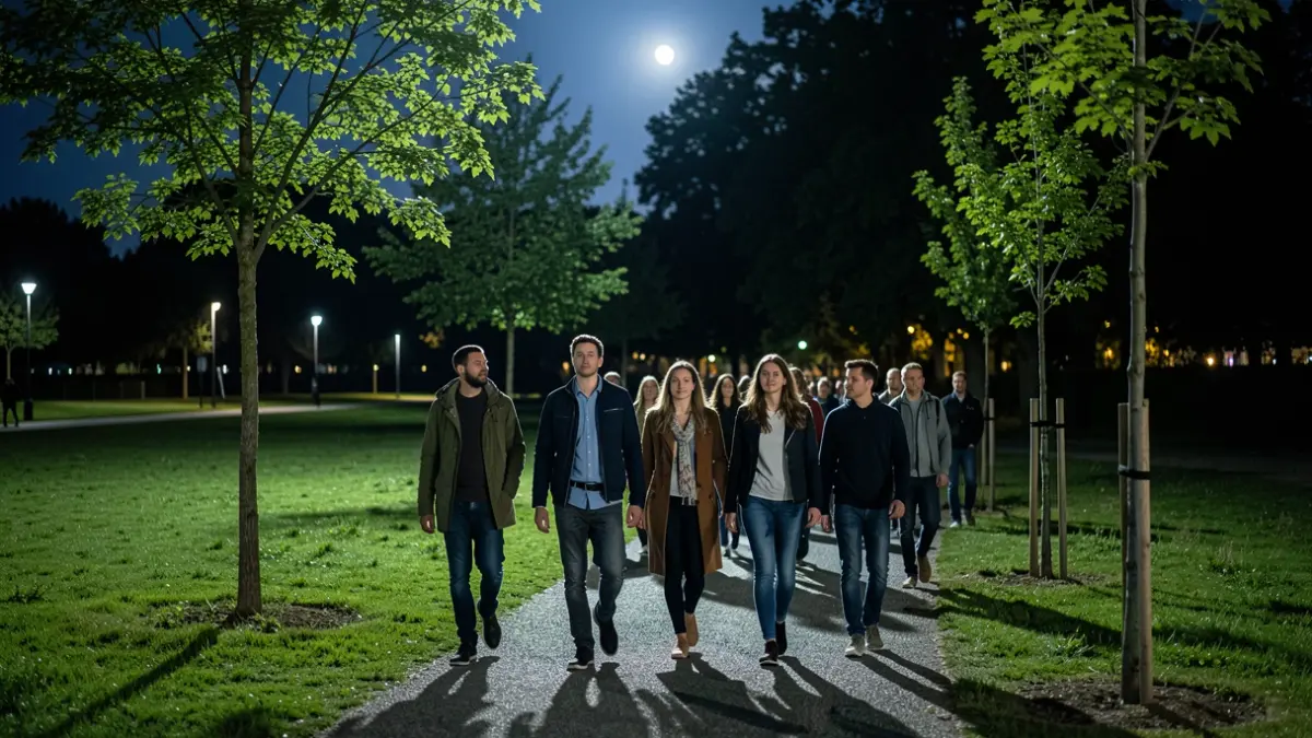 Generic image of people walking at night on a path in a green area.