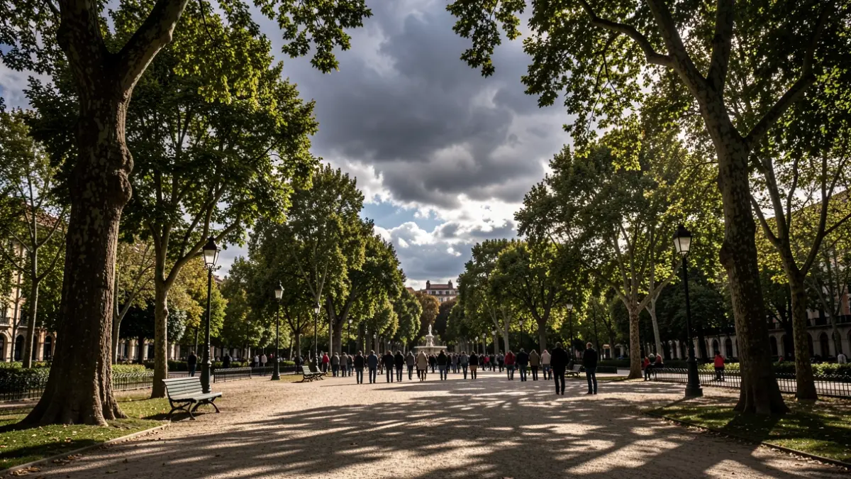 Generic image of El Retiro park with storm clouds and trees.
