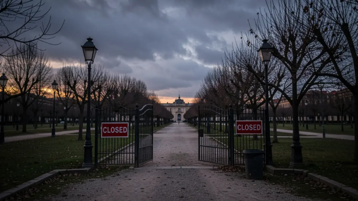 Generic image of a park entrance in Madrid closed at dusk due to adverse weather.
