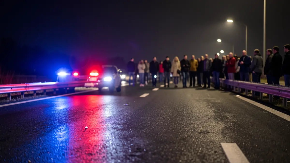 Generic image of blue and red emergency lights reflecting on wet asphalt at night on a highway.