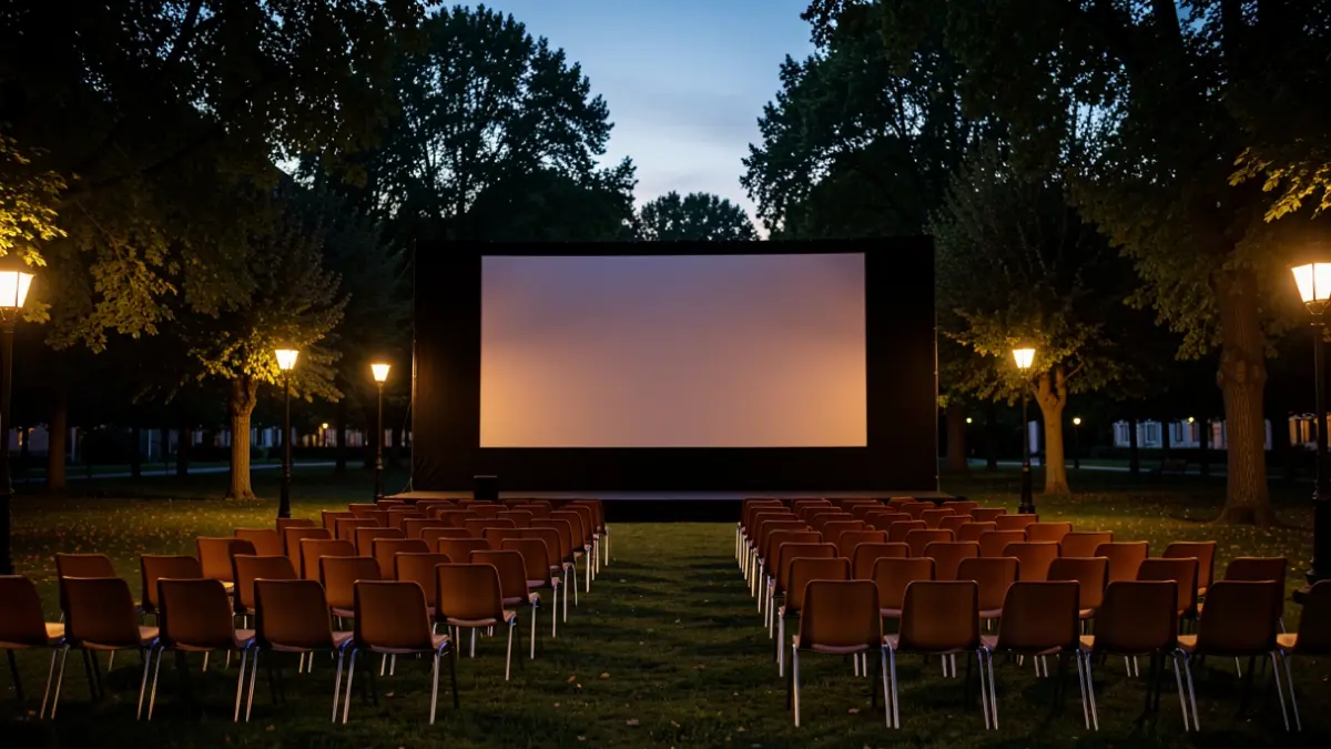 Imagen genérica de una pantalla de cine al aire libre en un parque al atardecer.
