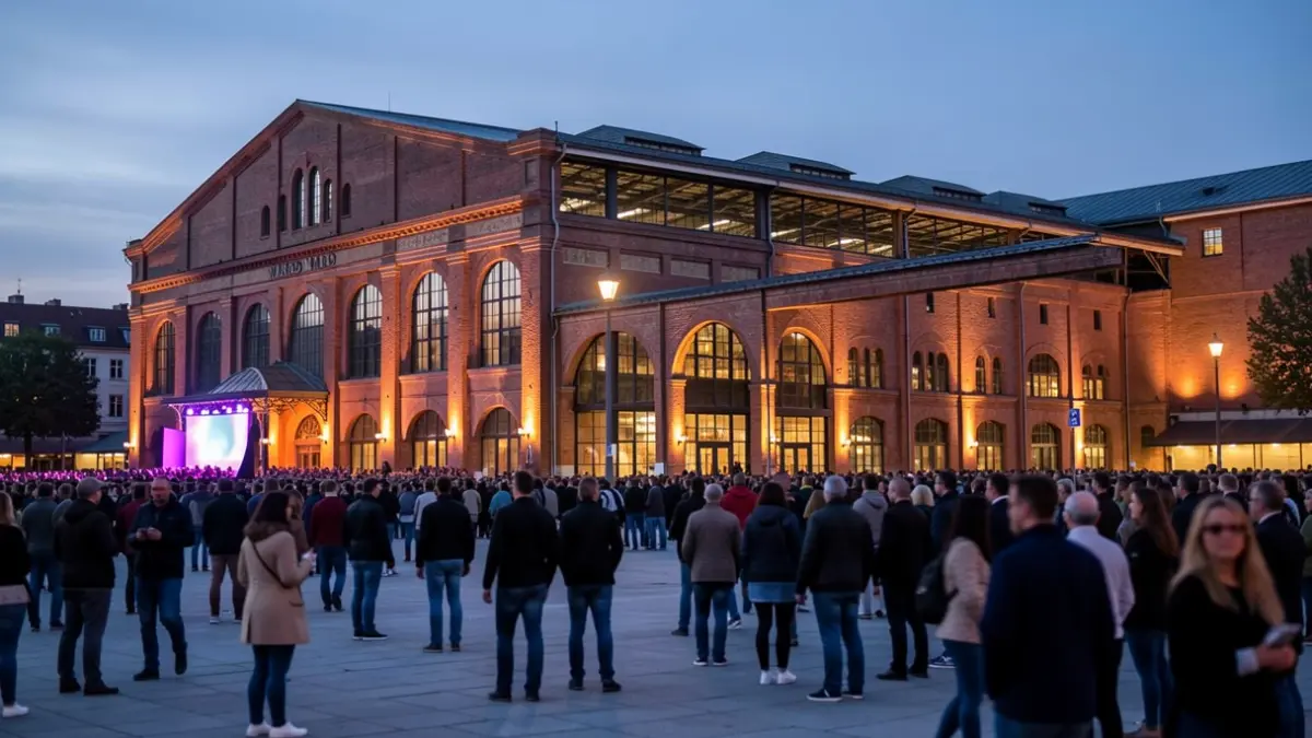 Imagen genérica del exterior de Matadero Madrid con luces cálidas y público difuminado.