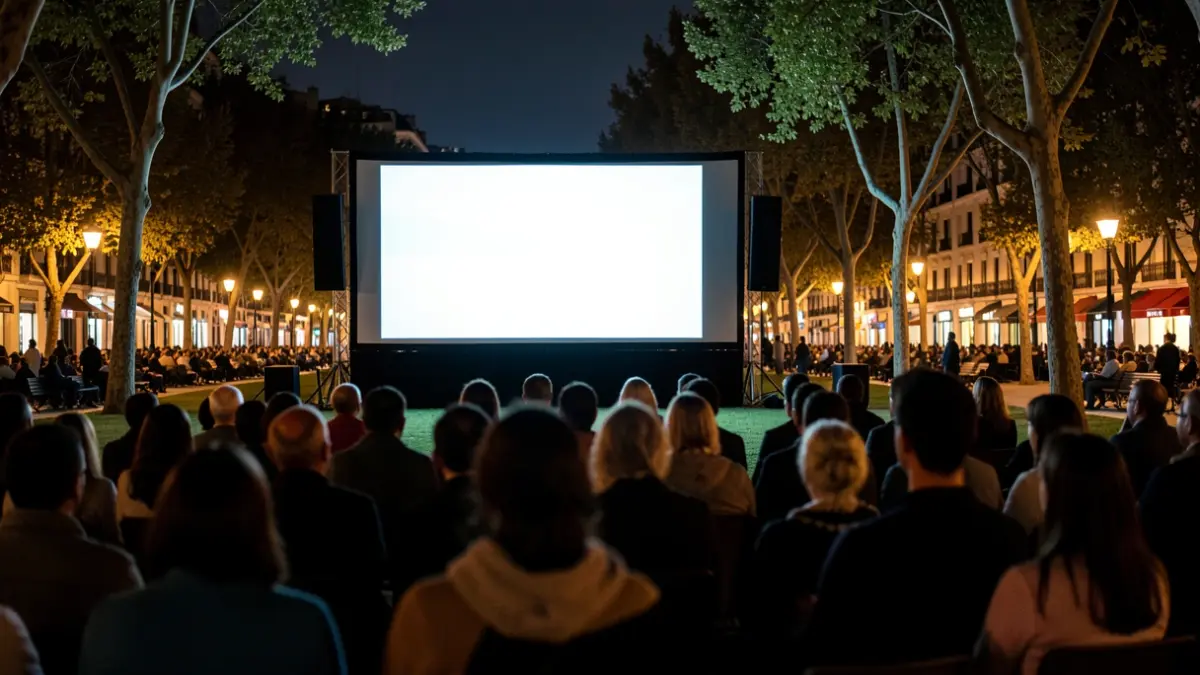 Outdoor summer cinema screen in a Madrid park at night.
