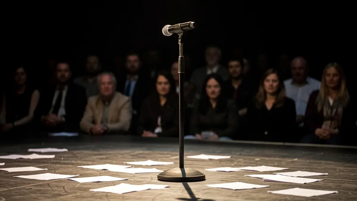 Generic image of a microphone on a stage with dramatic lighting.