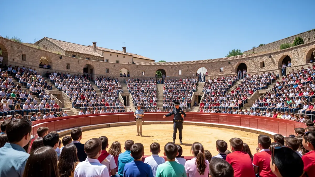Generic image of a bullring in Cercedilla with schoolchildren attending a Guardia Civil exhibition.