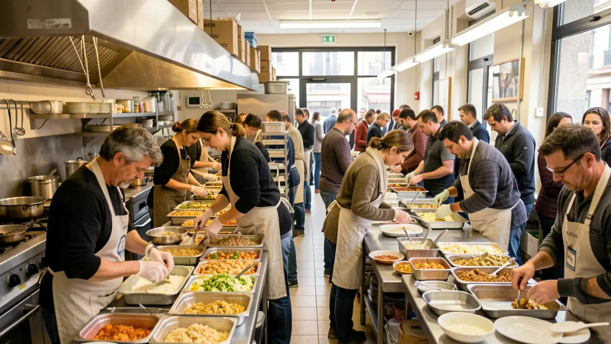 Imagen genérica de una cocina social en Madrid con voluntarios preparando alimentos.