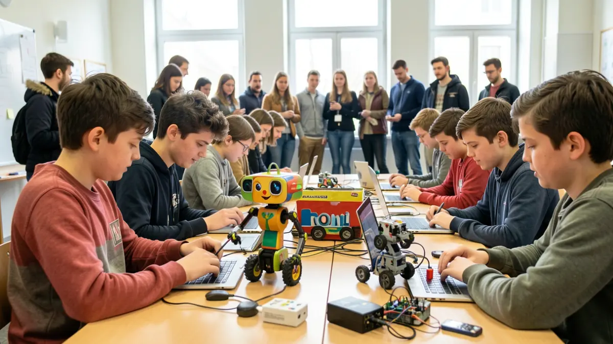 Imagen de alumnos programando robots en un aula.