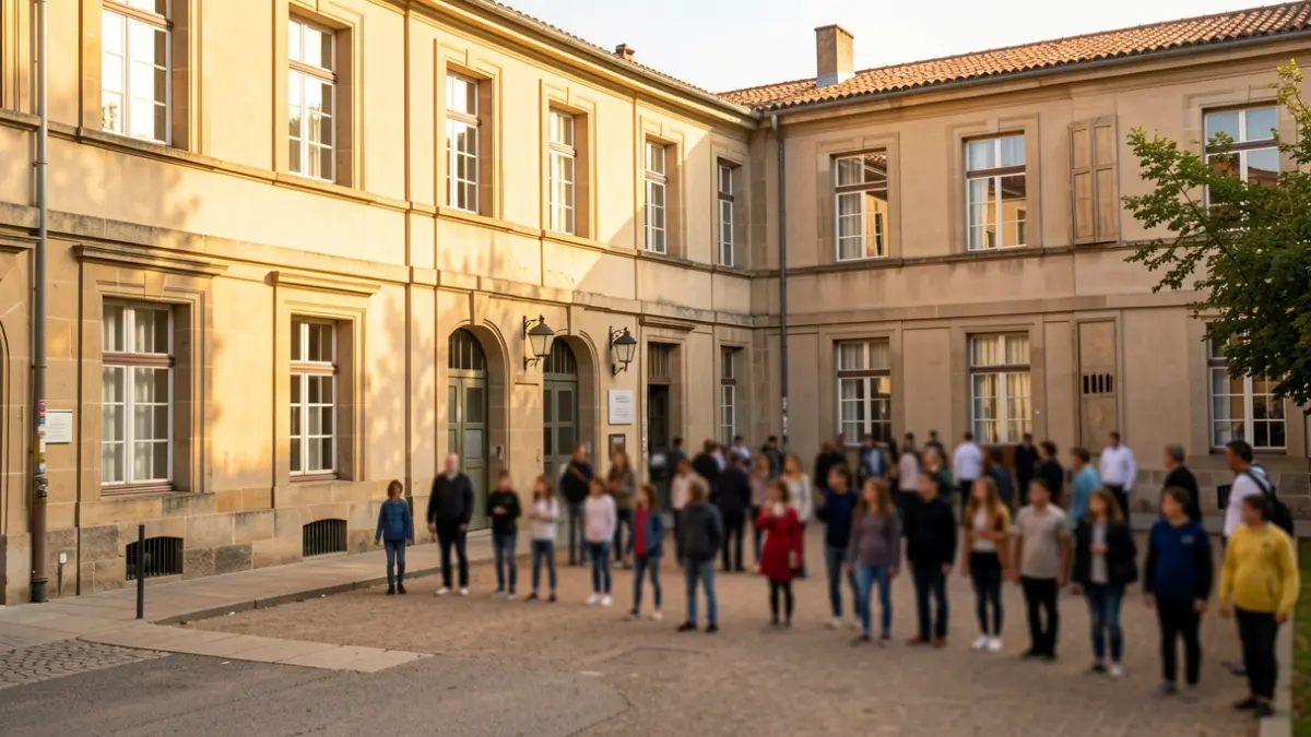 Imagen genérica del exterior de un centro educativo español con alumnos al fondo.