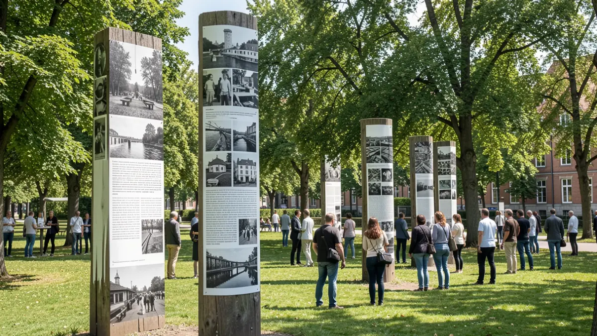 Outdoor photographic exhibition about the history of Canal de Isabel II in a park.