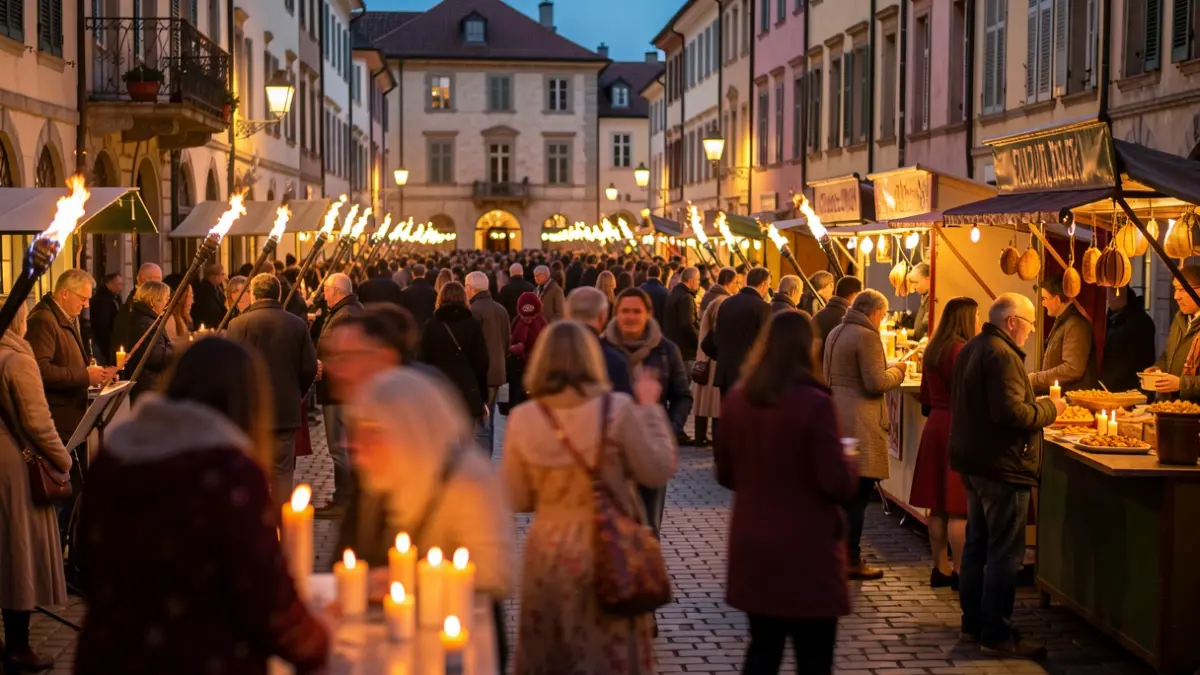 Imagen genérica de una plaza iluminada con velas y antorchas durante un evento nocturno.