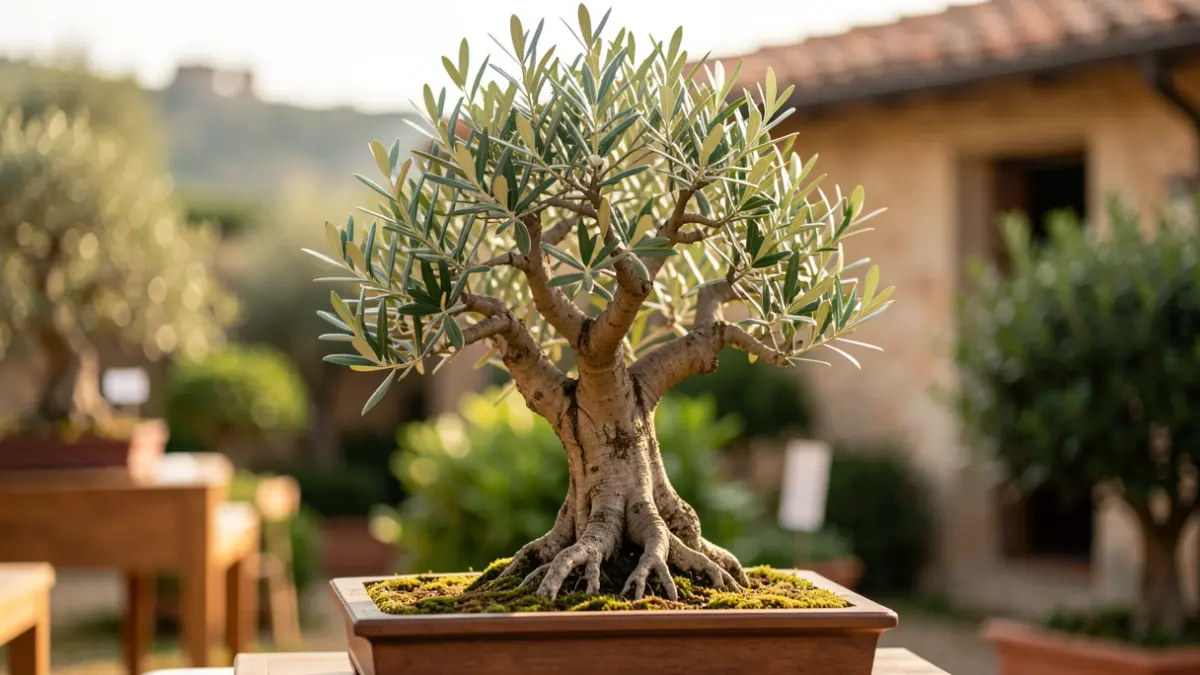 A meticulously cultivated acebuche bonsai on display.