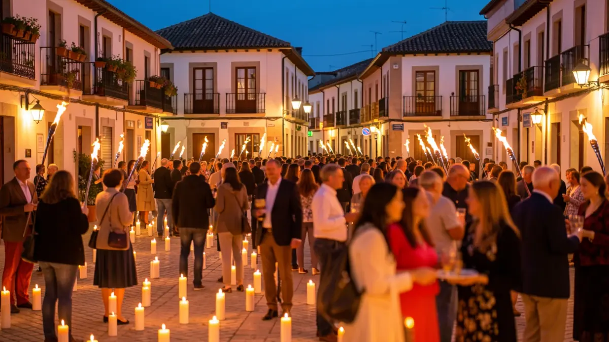 Plaza de Los Belgas in Collado Villalba illuminated with candles and torches during La Noche en Vela.
