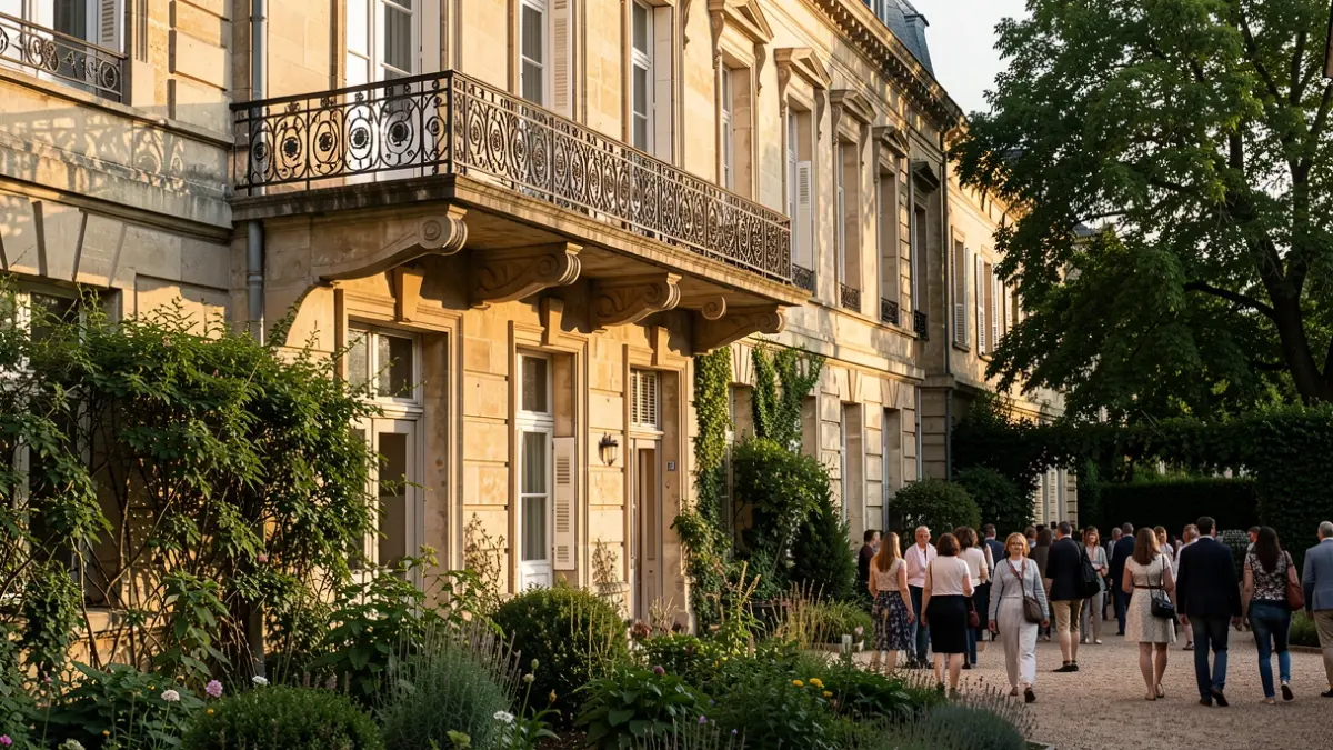 Historic facade of an old building with a garden undergoing renovation.