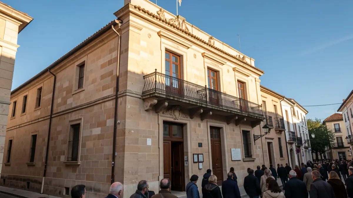 Fachada del Ayuntamiento de Collado Villalba con balcón y barandillas de hierro, luz cálida de la tarde.