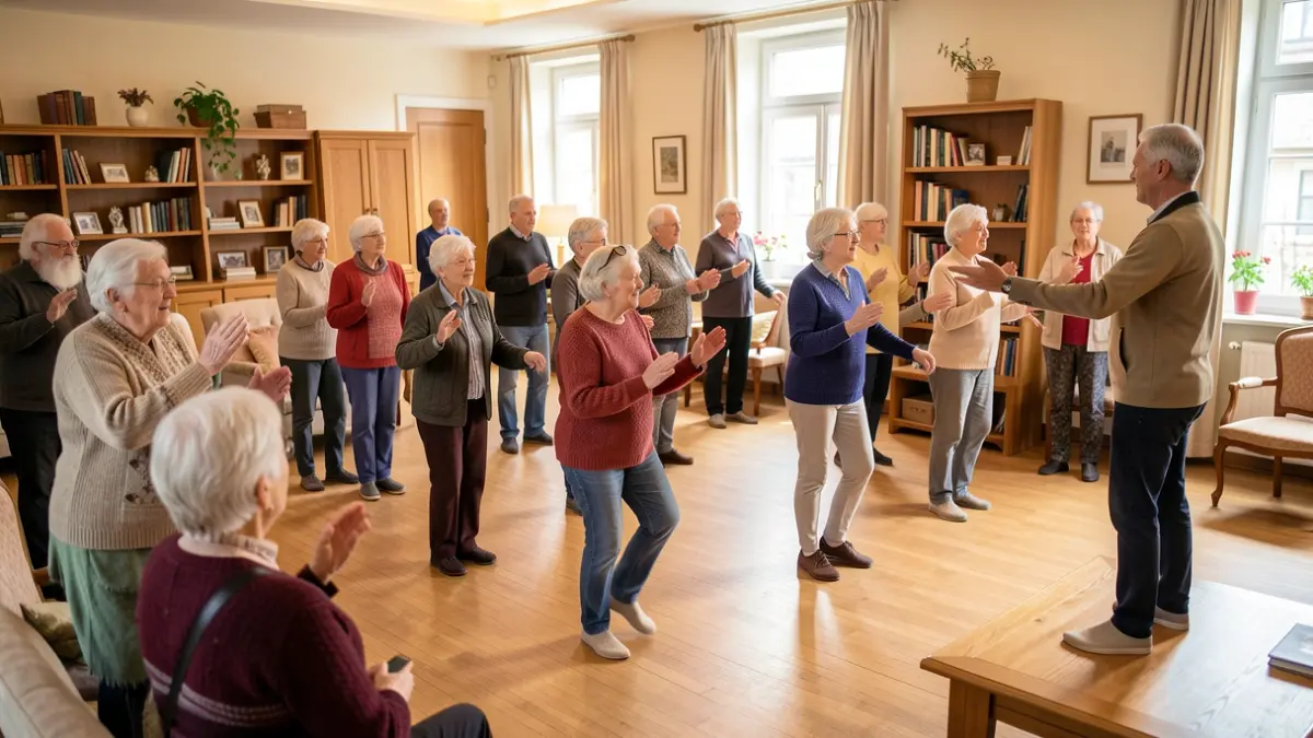 Generic image of elderly people performing mobility exercises in a community center.