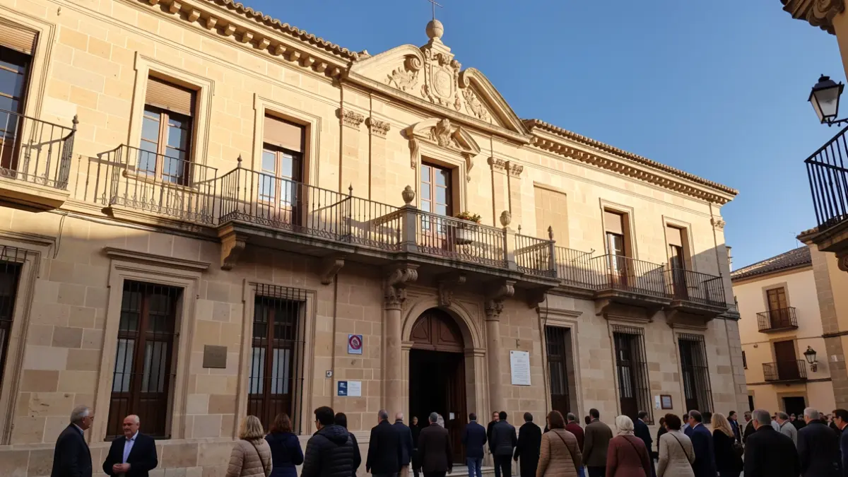 Facade of the Colmenar Viejo Town Hall with balcony and iron railings, afternoon sunlight.