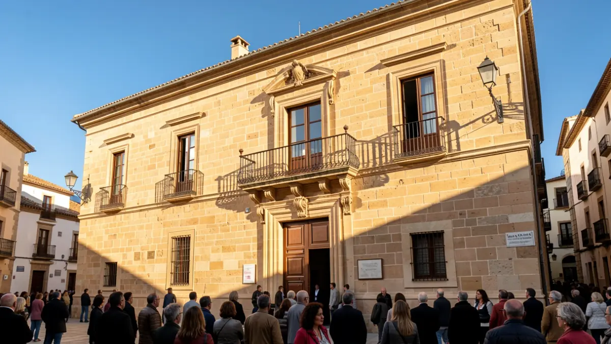 Fachada del Ayuntamiento de Colmenar Viejo con balcón y barandillas de hierro, bajo la luz del sol de la tarde.