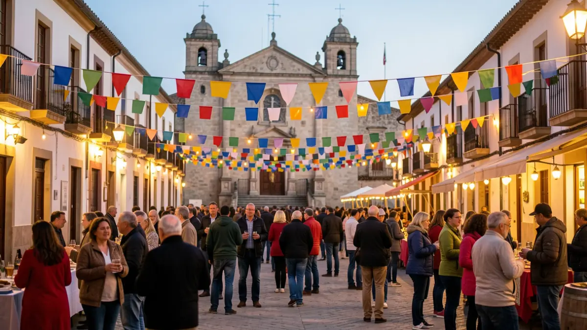Generic image of a Spanish town square at dusk with a festive atmosphere and a church in the background.