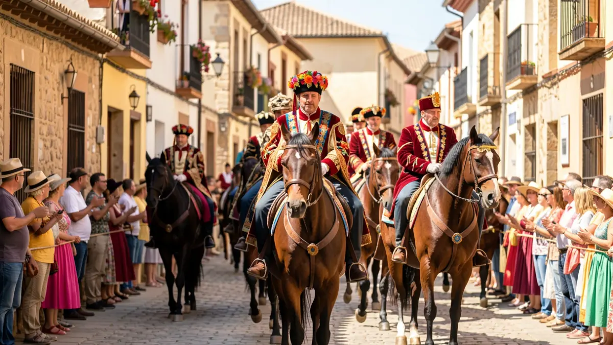 Caballos y jinetes desfilando por las calles de Colmenar Viejo durante el Día del Caballo.
